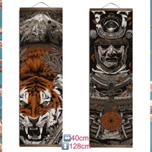 Samurai and tiger canvas tapestry scroll set